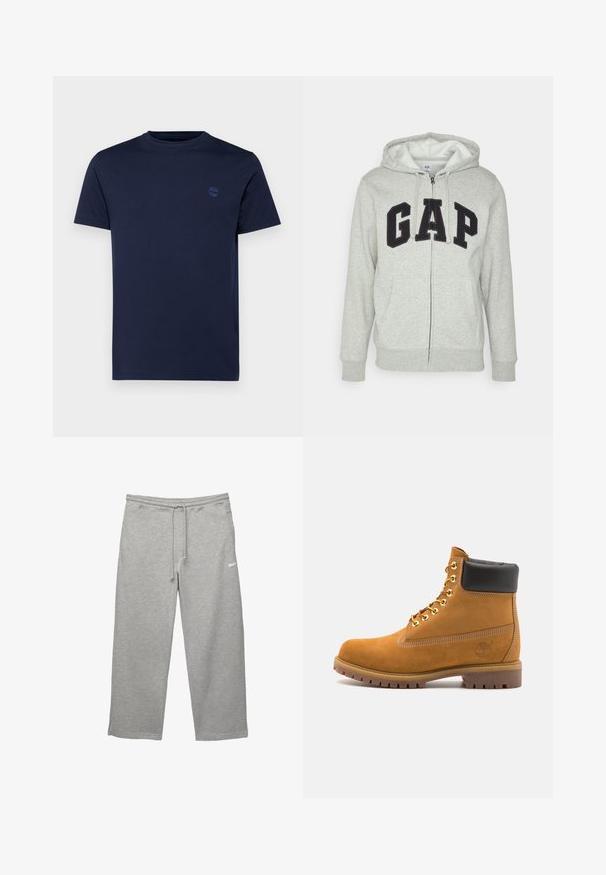 Szara bluza z kapturem na zamek z przednią kieszenią typu kangur, z czarnym logo "GAP". Miękka tkanina i regulowany kaptur z sznurkiem.; Granatowa bawełniana koszulka z okrągłym dekoltem, krótkimi rękawami i małym haftowanym logo na piersi. Gładka faktura, regularny krój.; Szare dresy wykonane z miękkiego materiału, z elastycznym pasem, regulowanym sznurkiem i bocznymi kieszeniami. Posiadają małe białe logo.; Beżowe zamszowe botki sięgające kostki z czarną wyściełaną krawędzią, złotymi oczkami, białymi detalami szycia oraz wytrzymałą gumową podeszwą z wyraźnym bieżnikiem.
