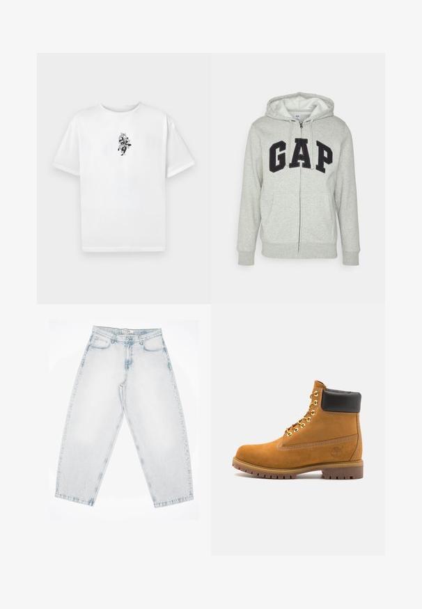 Grijze zip-up hoodie met een voorkant kangaroo zak, met een zwart "GAP" logo. Zachte stof en verstelbare trekkoordcapuchon.; Witte katoenen T-shirt met korte mouwen en een ronde hals, met een zwart grafisch ontwerp in het midden waarop abstracte elementen te zien zijn.; Lichtblauwe spijkerbroek met een losse, baggy pasvorm. Heeft vijf zakken, knoopsluiting en gestikte details. Verbleekt textuur en rechte pijpen.; Tan suède enkelboot met zwart gevoerd kraagje, gouden metalen oogjes, witte stikdetails en een robuuste rubberen zool met uitgesproken profiel.
