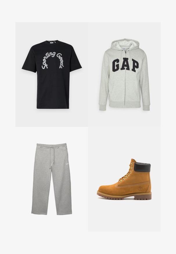 Szara bluza z kapturem na zamek z przednią kieszenią typu kangur, z czarnym logo "GAP". Miękka tkanina i regulowany kaptur z sznurkiem.; Czarna bawełniana koszulka z krótkim rękawem, z zaokrąglonym nadrukiem "Sporting Goods" w białym kolorze. Klasyczny krój z okrągłym dekoltem. Gładka faktura.; Szare dresy wykonane z miękkiego materiału, z elastycznym pasem, regulowanym sznurkiem i bocznymi kieszeniami. Posiadają małe białe logo.; Beżowe zamszowe botki sięgające kostki z czarną wyściełaną krawędzią, złotymi oczkami, białymi detalami szycia oraz wytrzymałą gumową podeszwą z wyraźnym bieżnikiem.