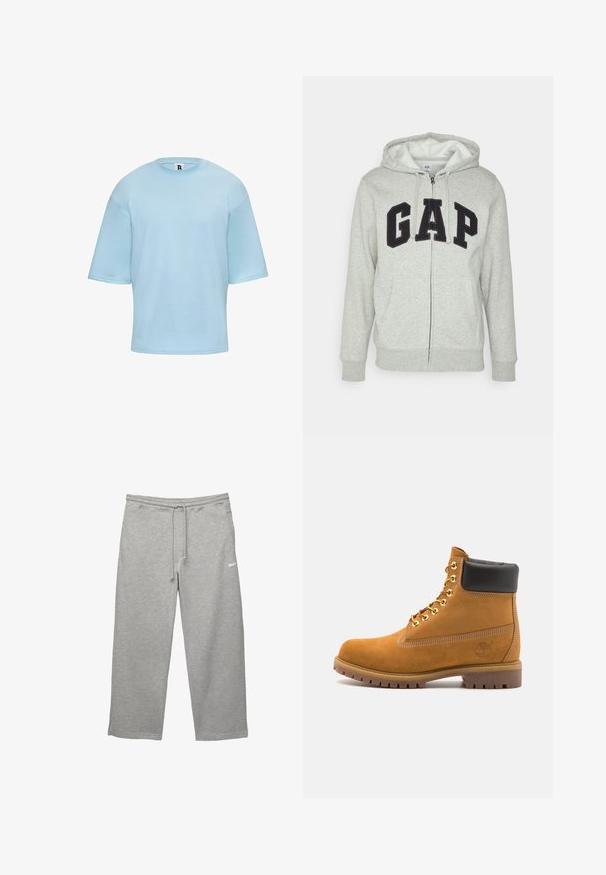 Sivi dukserica sa zatvaračem i prednjim kengur džepom, s crnim "GAP" logom. Mekana tkanina i kapuljača s podesivim vezicama.; Svijetloplava, majica kratkih rukava od mekog materijala, s okruglim izrezom i malo slobodnijim krojem uz minimalne detalje.; Sive trenerke od mekanog materijala s elastičnim pojasom, podesivom vezicom i bočnim džepovima. Ima mali bijeli logo.; Antracitne antilop čizme do gležnjeva s crnim podstavljenim ovratnikom, zlatnim metalnim rupicama, bijelim šavovima i robusnom gumenom potplatom s izraženim šarama.