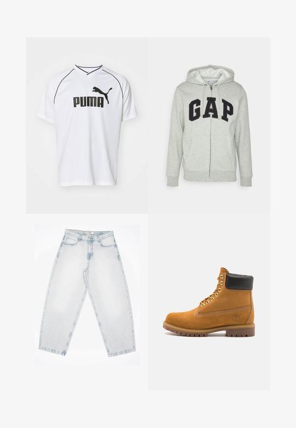 Grijze zip-up hoodie met een voorkant kangaroo zak, met een zwart "GAP" logo. Zachte stof en verstelbare trekkoordcapuchon.; Witte sporttrui met korte mouwen van ademend materiaal. Heeft zwarte accenten en een prominente zwarte PUMA-logo op de voorkant.; Lichtblauwe spijkerbroek met een losse, baggy pasvorm. Heeft vijf zakken, knoopsluiting en gestikte details. Verbleekt textuur en rechte pijpen.; Tan suède enkelboot met zwart gevoerd kraagje, gouden metalen oogjes, witte stikdetails en een robuuste rubberen zool met uitgesproken profiel.
