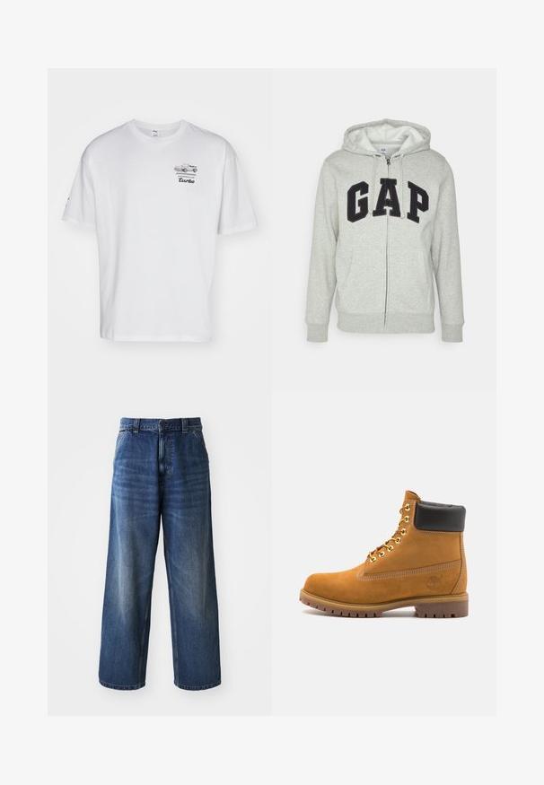 Grå zip-up huvtröja med en framficka av typ känguru, med en svart "GAP"-logotyp. Mjuk tyg och justerbar dragsko på huvan.; Vit bomullströja med korta ärmar, med en grå illustrerad Porsche-bil och "turbo"-text på vänster bröst.; Högmidjade blå denimjeans med breda ben, med subtil blekning, framfickor och knappstängning i midjan.; Tan mockasins ankelstövlar med svart vadderad krage, guldmetallöglor, vit sömdekor och slitstöt gummisula med utmärkta mönster.