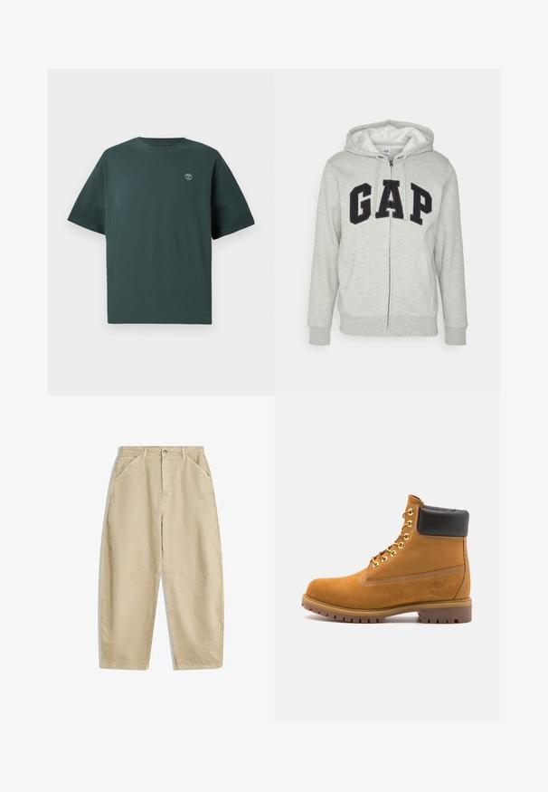 Sivá mikina na zips s prednou klokankou, s čiernym logom "GAP". Mäkká tkanina a nastaviteľná kapucňa so šnúrkou.; Tmavozelené bavlnené tričko s krátkymi rukávmi, okrúhlym výstrihom a malým svetlomodrým logom na ľavej hrudi. Hladká textúra, uvoľnený strih.; Béžové nohavice s širokými nohavicami z bavlny, s vysokým pásom, prednými vreckami a zapínaním na gombík vpredu. Hladká textúra s čistými švami.; Tyrkysové semišové členkové topánky s čiernym polstrovaným golierom, zlatými kovovými očkami, bielym prešívaním a robustnou gumovou podrážkou s výraznými drážkami.