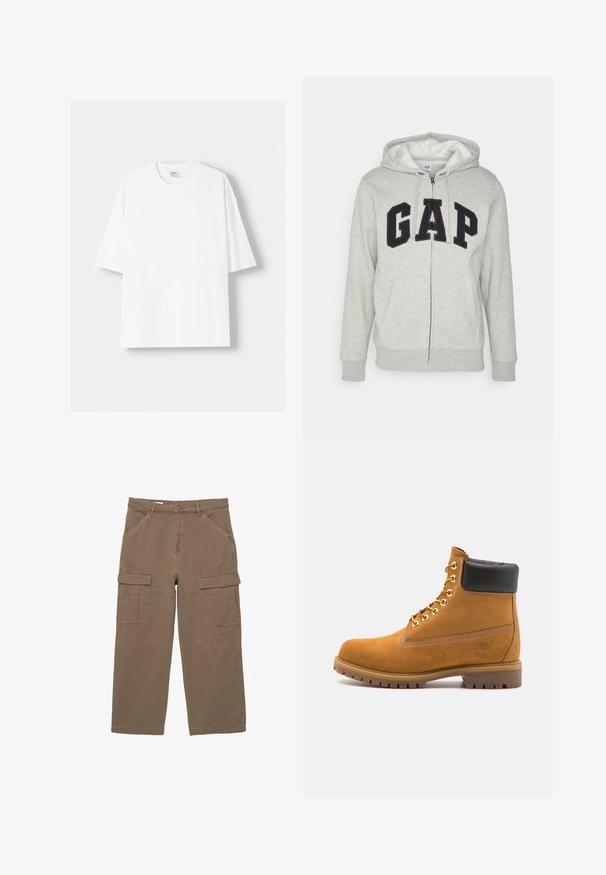 Siva zip-up kapuca z zadrgo s sprednjim kengurujskim žepom, s črnim logotipom "GAP". Mehak material in nastavljiva kapuca na vrvico.; Bela kratka majica s kratkimi rokavi iz bombaža, s krožnim izrezom in sproščenim krojem. Gladka tekstura, brez vidnih vzorcev ali poudarkov.; Kaki cargo hlače iz bombažnega blaga, s sproščenim krojem, dvema sprednjima žepoma in dvema velikima žepoma na stegnu.; Svetlo rjave anklne čizme iz semiša z črnim oblazinjenim ovratnikom, zlatimi kovinskimi očesci, belimi šivi in robustnim gumijastim podplatom s izrazitimi tredi.
