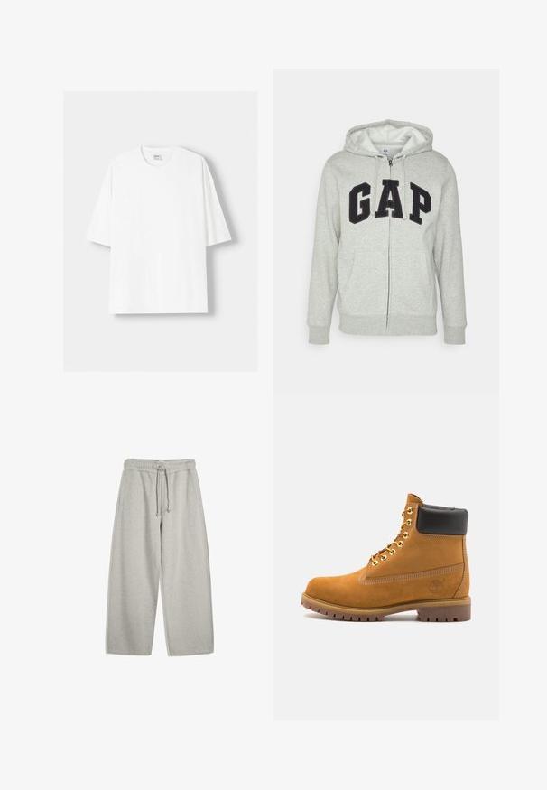 Gray zip-up hoodie with a front kangaroo pocket, featuring a black "GAP" logo. Soft fabric and adjustable drawstring hood.; White short-sleeved t-shirt made from cotton, featuring a round neckline and a relaxed fit. Smooth texture, with no visible patterns or accents.; Light gray sweatpants made of soft cotton blend, featuring an elastic waistband with drawstring, two side pockets, and relaxed wide-leg design.; Tan suede ankle boot with black padded collar, gold metal eyelets, white stitching detailing, and rugged rubber sole with pronounced treads.