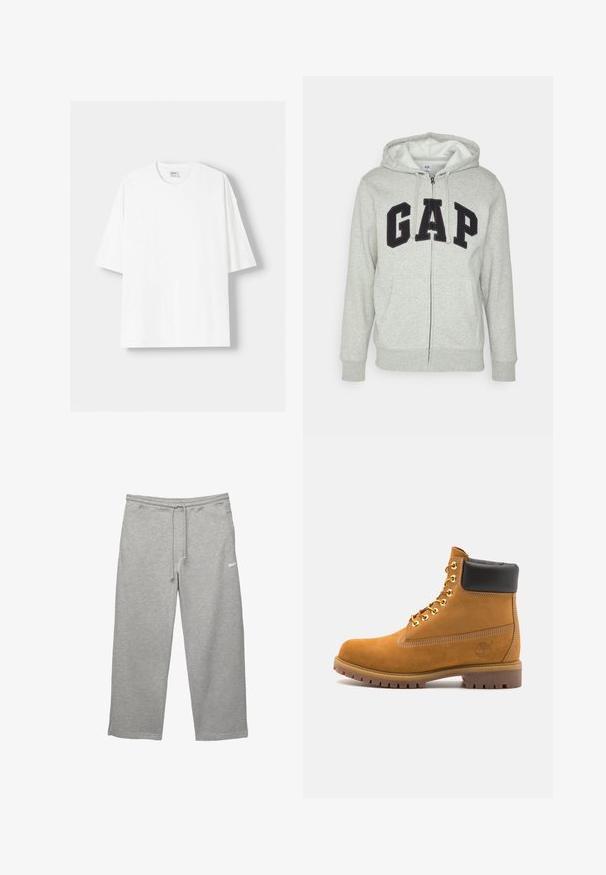 Szürke cipzáras kapucnis felső, elülső kenguruzsebbel, fekete "GAP" logóval. Puha anyag és állítható zsinóros kapucni.; Fehér, rövid ujjú pamut póló, kerek nyakkivágással és laza szabással. Simább textúra, látható minták vagy díszítések nélkül.; Szürke, puha anyagból készült melegítőnadrág, rugalmas derékpánttal, állítható húzózsinórral és oldalsó zsebekkel. Egy kis fehér logóval rendelkezik.; Barna velúr bokacipő fekete párnázott gallérral, arany fém fűzőlyukakkal, fehér varrási részletekkel és durva gumitalppal, amelynek kifejezett barázdái vannak.