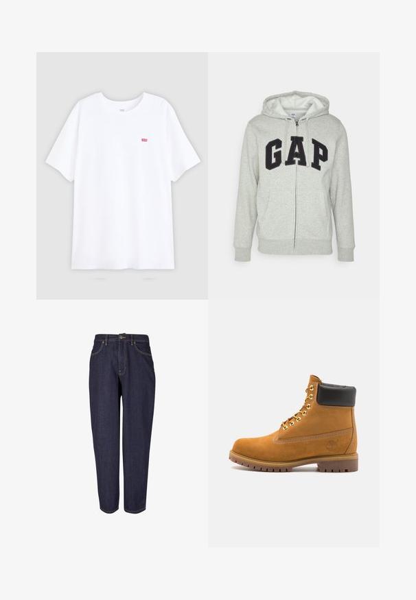 Gray zip-up hoodie with a front kangaroo pocket, featuring a black "GAP" logo. Soft fabric and adjustable drawstring hood.; White cotton t-shirt with short sleeves and a crew neckline. Features a small red Levi's logo on the left chest. Flat design, no patterns.; Dark denim jeans with a straight leg design, featuring traditional five-pocket styling, subtle gold stitching, and a metal button closure.; Tan suede ankle boot with black padded collar, gold metal eyelets, white stitching detailing, and rugged rubber sole with pronounced treads.