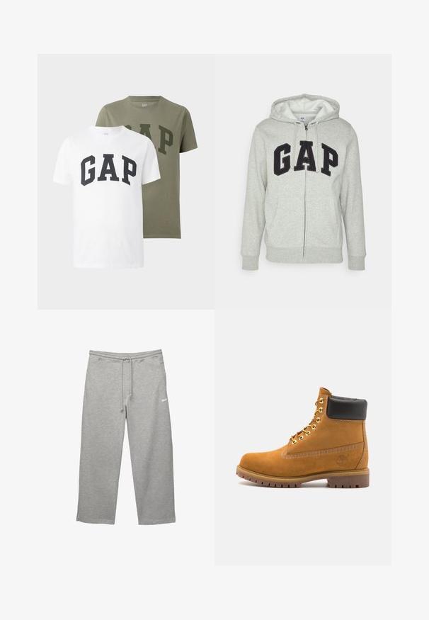 Šedá mikina s kapsou na klokanku a zipem, s černým logem "GAP". Měkká látka a nastavitelné stahovací kapuce.; Dvě krátké rukávy trička s kulatým výstřihem, jedno bílé a jedno olivově zelené, každé s nápisem "GAP" velkými blokovými písmeny přes hruď.; Šedé tepláky vyrobené z měkké látky s elastickým páskem, nastavovatelnou šňůrkou a bočními kapsami. Obsahují malé bílé logo.; Hnědé semišové kotníkové boty s černým polstrovaným límcem, zlatými kovovými očky, bílým prošíváním a odolnou gumovou podrážkou s výraznými drážkami.
