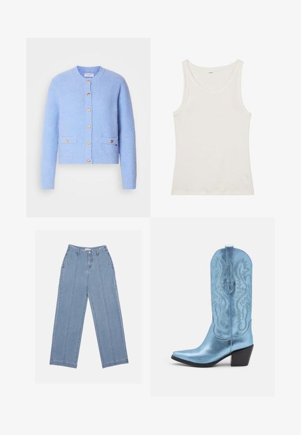 Sky blue, textured cardigan made from soft material, featuring a round neck, button closure, and two front pockets with gold accents.; White cotton tank top with a wide neckline and thin shoulder straps. Smooth texture with no visible patterns or embellishments.; Light blue wide-leg jeans made of denim. Features a high waist, button closure, and visible stitching. No pockets are visible on the front.; Blue metallic cowboy boot with pointed toe, decorative stitching, and low block heel. Smooth texture with intricate embossed details.