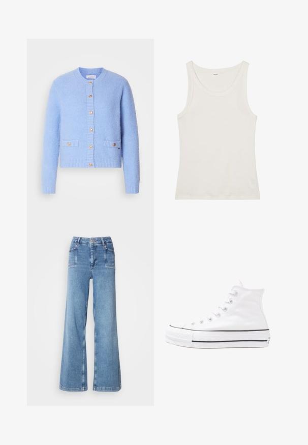 Světle modrý, texturovaný svetr vyrobený z měkkého materiálu, s kulatým výstřihem, zapínáním na knoflíky a dvěma předními kapsami se zlatými akcenty.; Bílý bavlněný top bez rukávů s širokým výstřihem a tenkými ramínky. Hladká textura bez viditelných vzorů nebo ozdob.; Světle modré široké džíny vyrobené z denimu, s vysokým pasem, pěti kapsami a prošíváním podél strany a lemu.; Bílé vysoké plátěné tenisky s černou gumovou podrážkou, přední gumovou špičkou a šesti očky na tkaničky, se čistým, minimalistickým designem.