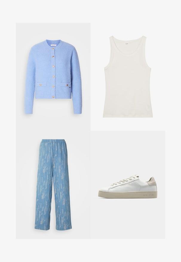 Sky blue, tekstureeritud kardigan, mis on valmistatud pehmest materjalist, ümar kaelus, nööbid ja kaks esist meest kuldsete detaljidega.; Valge puuvillane top, millel on lai kaelus ja õhukesed õlavarre rihmad. Sile tekstuur ilma nähtavate mustrite või kaunistusteta.; Heledad sinised laiad püksid, mis on valmistatud tekstureeritud kangast ja millel on peene abstraktne print. Omab mugavust tagavat elastset vööd.; Valge nahast toss, millel on sile pind, beežist seemisnahast aktsendid, ümar nina, lame puuvillane pael ja tekstuuriga kummitald.