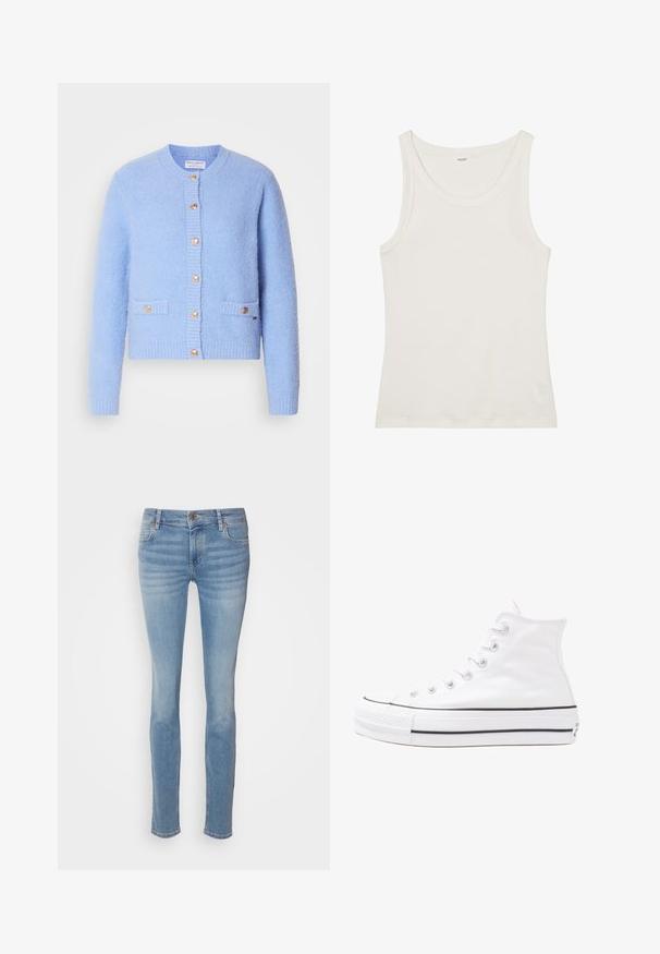 Nebeská modrá, štruktúrovaná kardigán vyrobená z mäkkého materiálu, s okrúhlym výstrihom, zapínaním na gombíky a dvoma prednými vreckami so zlatými akcentmi.; Biely bavlnený tielko s širokým výstrihom a tenkými ramienkami. Hladká textúra bez viditeľných vzorov alebo ozdôb.; Svetlomodré úzke džínsy vyrobené z denimu, s klasickým dizajnom piatich vreciek, stredne vysokým pásom a jemným vyblednutím pozdĺž nohavíc.; Biele vysoké plátené tenisky s čiernou gumovou podošvou, prednou gumovou špičkou a šiestimi okami na šnúrky, s čistým, minimalistickým dizajnom.