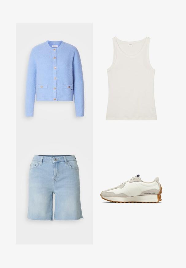 Světle modrý, texturovaný svetr vyrobený z měkkého materiálu, s kulatým výstřihem, zapínáním na knoflíky a dvěma předními kapsami se zlatými akcenty.; Bílý bavlněný top bez rukávů s širokým výstřihem a tenkými ramínky. Hladká textura bez viditelných vzorů nebo ozdob.; Světle modré džíny šortky se střihem rovného nohavice, zapínáním na knoflík a roztrhaným lemem. Mají přední kapsy a klasický střih.; Bílé a béžové tenisky s hladkým koženým svrškem, semišovými akcenty, zaoblenou špičkou a texturovanou gumovou podrážkou. Název značky vytištěn na boku.