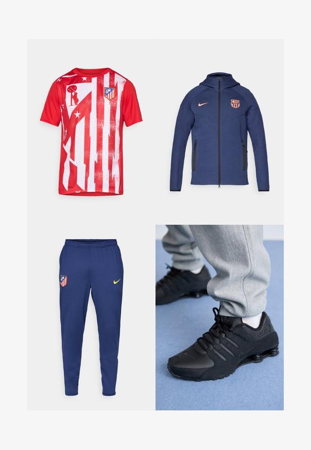 Marineblå hel-fasong jakke med hette, to glidelåslommer på sidene, oransje Nike-logo og FC Barcelona klubblogo på forsiden.; Rød idretts skjorte med vertikale hvite striper, slitte mønstre og en klubblogo på brystet. Laget av pustende stoff.; Marine treningsbukser laget av lett materiale, med en gul Nike-logo og et klubbemblem med røde og hvite striper. Inkluderer elastisk midjebånd.; Person som har på seg svarte Nike Shox-sko og grå joggebukser og står på lyseblått teppe.