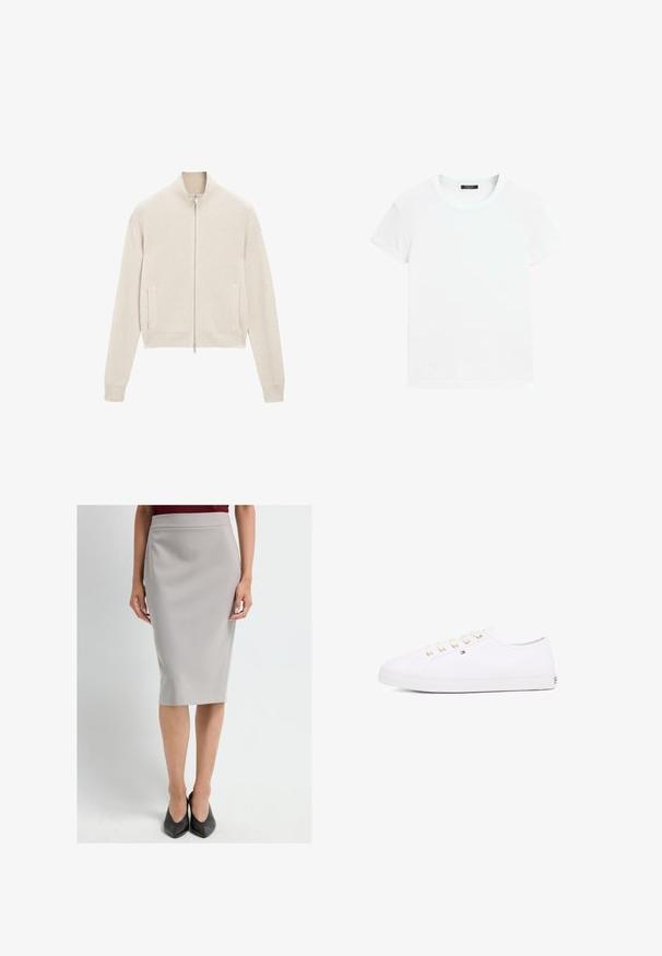 Gerippter, hellbeiger Strickpullover mit Reißverschluss, hohem Kragen, Seitentaschen und figurbetonter Silhouette. Silberner Reißverschlussakzent vorne.; Weißes Kurzarm-T-Shirt aus weicher Baumwolle, mit Rundhalsausschnitt und entspannter Passform sowie gerollten Säumen. Keine Muster oder Verzierungen.; Frau in einem knielangen, hellgrauen Bleistiftrock, burgunderrotem Oberteil und schwarzen spitz zulaufenden Pumps, die vor einem schlichten weißen Hintergrund steht.; Weißes Leinensneaker mit goldenen Ösen, flachen Schnürsenkeln, strukturiertem Gummisohle und minimalem Branding an der Seite. Niedriges Profil.