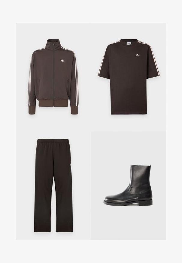Casaco de treino castanho com fecho de correr, gola alta, riscas laterais brancas e logótipo no peito. Apresenta dois bolsos frontais com fecho de correr e punhos canelados.; T-shirt de algodão castanha com mangas curtas, apresentando riscas brancas nos ombros e um pequeno logótipo branco no peito.; Calças de fato de treino pretas com cintura elástica, corte de perna reta e um discreto logótipo no lado. Confeccionadas em tecido macio e suave.; Bota de tornozelo em couro preto com textura suave, bico arredondado, painéis laterais elásticos e sola baixa em borracha texturizada.