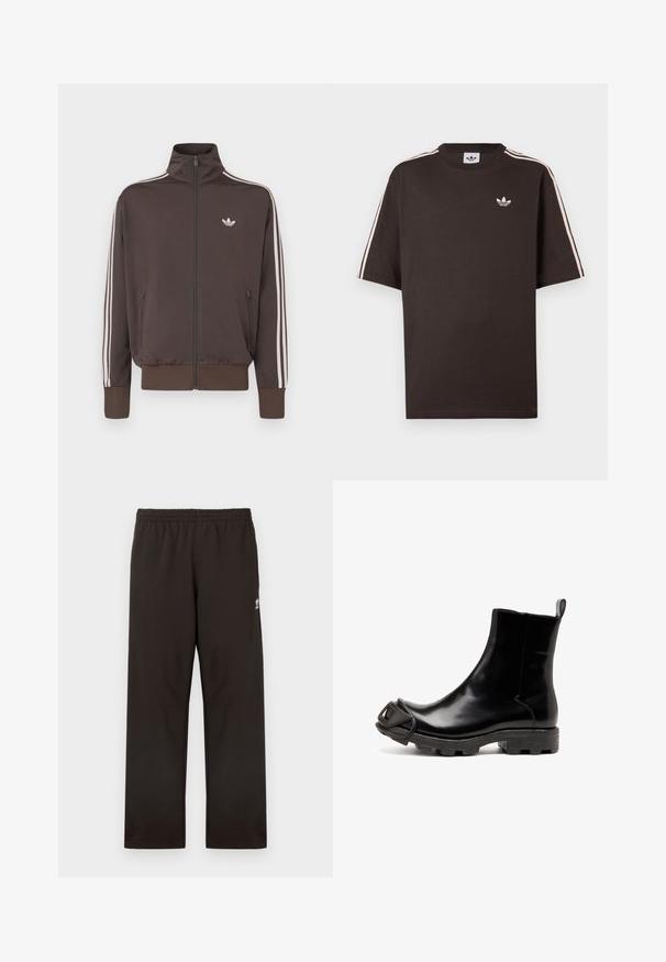 Veste de survêtement marron à fermeture éclair avec col montant, bandes blanches sur les côtés et logo sur la poitrine. Comprend deux poches avant zippées et des poignets côtelés.; T-shirt en coton marron à manches courtes, avec des rayures blanches sur les épaules et un petit logo blanc sur la poitrine.; Pantalon de survêtement noir avec une taille élastique, un design à jambes droites, et un discret logo sur le côté. Confectionné en tissu doux et lisse.; Bottine en caoutchouc noir avec une finition brillante, dotée d'un bout arrondi et d'un accent sculpté distinctif sur l'avant. Semelle texturée noire.