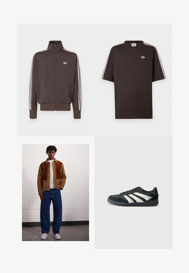 Brūns rāvējslēdzēja sporta žakete ar augstu apkakli, baltām sānu svītrām un logotipu krūtīs. Aprīkota ar divām rāvējslēdzēja kabatām priekšpusē un ribota apdare aprocēs.; Brūna kokvilnas T-krekls ar īsām piedurknēm, uz pleciem ar baltām svītrām un mazu baltu logotipu uz krūtīm.; Vīrietis stāv telpās, ģērbies brūnā korduroja jaciņā ar rūsas pleķiem, baltā T-kreklā, brīvās zilās džinsās un baltās sporta kurpēs.; adidas Performance PREDATOR FREESTYLE JUDE INDOOR FOOTBALL SHOES - Futbola apavi iekštelpām - core black/silver-coloured/glory blue