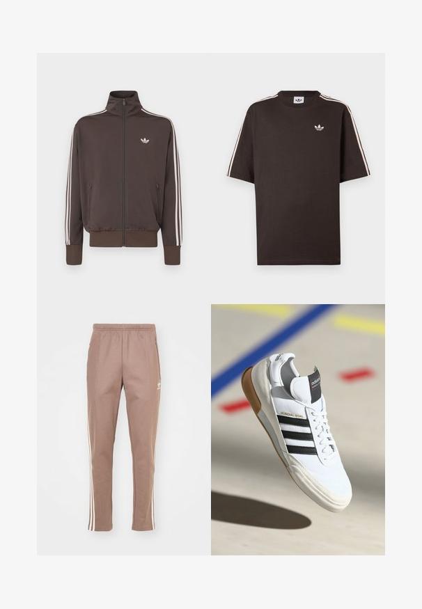 Brūns rāvējslēdzēja sporta žakete ar augstu apkakli, baltām sānu svītrām un logotipu krūtīs. Aprīkota ar divām rāvējslēdzēja kabatām priekšpusē un ribota apdare aprocēs.; Brūna kokvilnas T-krekls ar īsām piedurknēm, uz pleciem ar baltām svītrām un mazu baltu logotipu uz krūtīm.; Brūni sporta bikses ar elastīgu jostasvietu; ar divām baltām sānu svītrām un logo kreisajā augšstilbā; mīksta auduma un sašaurināta kāju dizains.; Baltās Adidas Mundial Goal sporta kurpes ar melnām svītrām un gumijas zoli, parādītas gaisā virs sporta laukuma grīdas ar krāsainām līnijām.