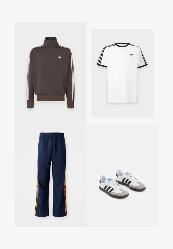 Smeđa trenirka s patentnim zatvaračem, visokim ovratnikom, bijelim bočnim prugama i logotipom na prsima. Ima dva džepa s patentnim zatvaračima sprijeda i rebraste manžete.; Bijela pamučna majica s crnim rebrastim izrezom i rukavima, s tri crne pruge na svakom ramenu i malim logom na prsima.; Mornarski plavi trenirke s narančastim prugama i Adidasovim logotipom na stranama, s elastičnim pojasom i ravnim krojem.; Sportske cipele s gornjištem od bijele kože, sivi suedinasti nos i tri crne pruge. Imaju plavi logo na jeziku i teksturiranu gumenu podlogu.
