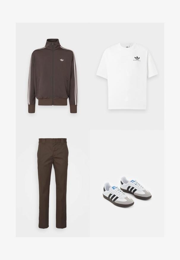 Pruun lukuga spordijakk kõrge kraega, valgete küljeribade ja rinnal oleva logoga. Lisafunktsioonidena kaks lukuga esitaskut ja soonikkoes mansetid.; Valge puuvillane T-särk lühikeste varrukatega, mille esitupal on must "BASKETBALL" logo ja ikooniline kolmerealine disain.; Pruunid püksid, mis on valmistatud vastupidavast kangast, sirge sääre disainiga, standardse vöökohaga ja küljetaskutega praktilisuseks.; Spordijalatsid valge nahkpealsega, halli nubuk-naha otsaga ja kolme musta triibuga. Omab sinist logo keele peal ja struktureeritud kummitalda.