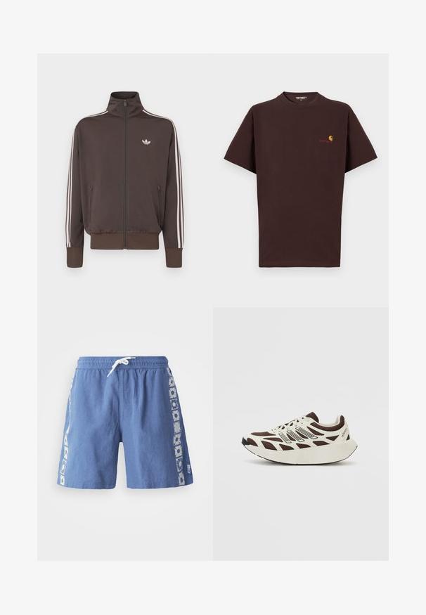 Ruskea vetoketjullinen verkkaritakki korkealla kauluksella, valkoisilla sivuraidoilla ja logolla rinnassa. Takissa on kaksi vetoketjullista etutaskua ja resorit hihansuissa.; Ruskea puuvillapaita lyhyillä hihoilla, pyöreä kaula-aukko, vasemmassa rinnassa oranssi ja punainen logo, suora helma ja rento istuvuus.; Siniset uimashortsit, jotka on valmistettu kevyestä kankaasta. Niissä on nyöri vyötäröllä ja kukkakuosiset yksityiskohdat sivuilla.; Ruskea ja kerma sneaker, jossa on verkko-yläosa, teksturoidut päällysteet ja pyöreä, paksu valkoinen pohja. Sisältää matalaprofiilisen kieli ja nyörit.