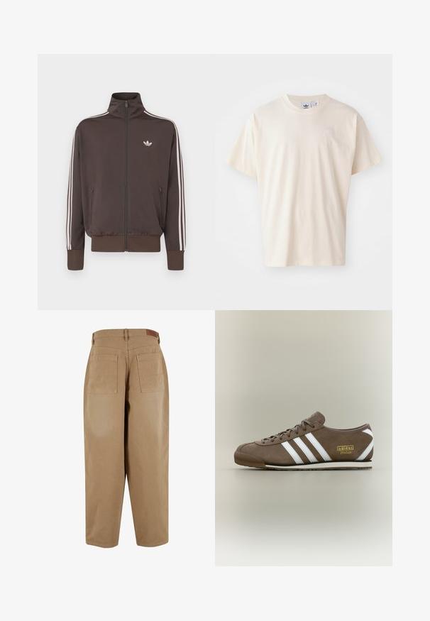 Jachetă sport maro cu fermoar, guler înalt, dungi albe laterale și logo pe piept. Dispune de două buzunare frontale cu fermoar și manșete tricotate.; Tricou din bumbac crem cu guler rotund și mâneci scurte; prezintă un mic logo de culoare deschisă pe piept.; Pantaloni din bumbac beige, cu o croială lejeră, având două buzunare spate și o etichetă pe talie. Țesătura are o textură netedă și detalii minime.; Pantof sport maro din piele întoarsă cu trei dungi albe, talpă plată din cauciuc, vârf rotund și logo auriu "adidas Italia" pe lateral.