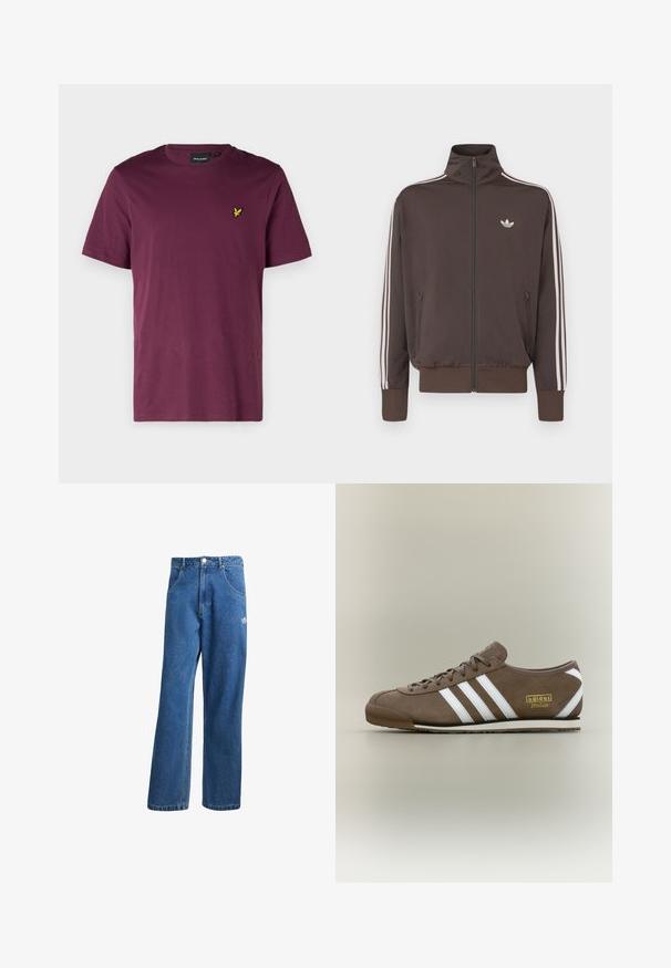 Ruda striukė su užtrauktuku ir aukštu apykakliu, baltomis šoninėmis juostelėmis ir logotipu krūtinėje. Turi dvi priekinės kišenes su užtrauktukais ir ribbino rankogalius.; Tamsiai raudonas medvilninis marškinėliai su apvalia iškirpte, trumpomis rankovėmis ir mažu geltonu erelio logotipu kairiajame krūtinės pusėje. Lygus paviršius, reguliari forma.; Mėlynos aukštu liemeniu plačios džinsinės kelnės su priekinėmis kišenėmis, diržo kilpos, sagčių uždarymu ir mažu Adidas logotipu dešinėje šlaunyje.; Rudos spalvos zomšiniai sportbačiai su trimis baltomis juostelėmis, plokščiu guminės pado, apvalia nosimi ir aukso spalvos "adidas Italia" logotipu šone.