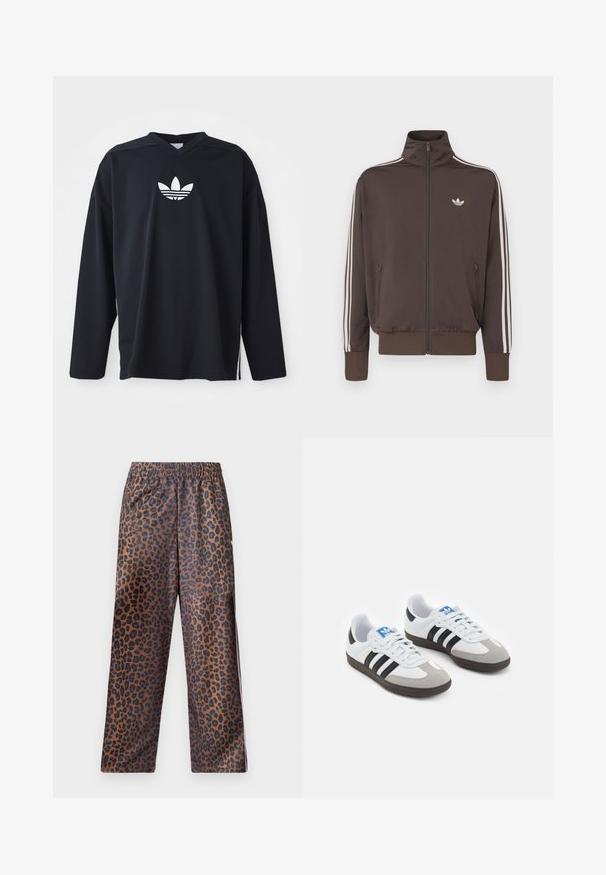 Brun hettejakke med glidelås, høy krage, hvite sidelister og logo på brystet. Har to glidelåslommer foran og ribbestrikkede mansjetter.; Svart langermet jersey laget av mesh-stoff, med V-hals og hvit Adidas trefoil-logo på brystet. Sidelufting ved kanten.; Leopardmønstrede bukser med elastisk talje. Lavet af et skinnende stof, med en brun bund og sorte pletter samt en løs pasform.; Sportssko med en hvit skinnoverdel, grå semsket tå og tre svarte striper. Har en blå logo på tungen og en teksturert gummisåle.