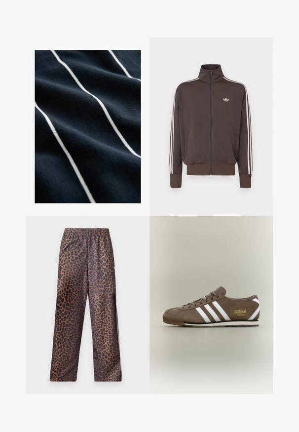 Barna cipzáras széldzseki magas gallérral, fehér oldalsávokkal és logóval a mellkason. Két cipzáras első zsebbel és bordázott mandzsettával rendelkezik.; Sötétkék szövet fehér függőleges csíkokkal, sima textúrával és enyhe fényességgel, kiemelve a csíkos mintát.; Leopárdmintás nadrág rugalmas derékkal. Fényes anyagból készült, barna alapja fekete foltokkal és laza szabású.; Barna velúr sportcipő három fehér csíkkal, lapos gumitalppal, kerek orral és arany "adidas Italia" logóval az oldalon.