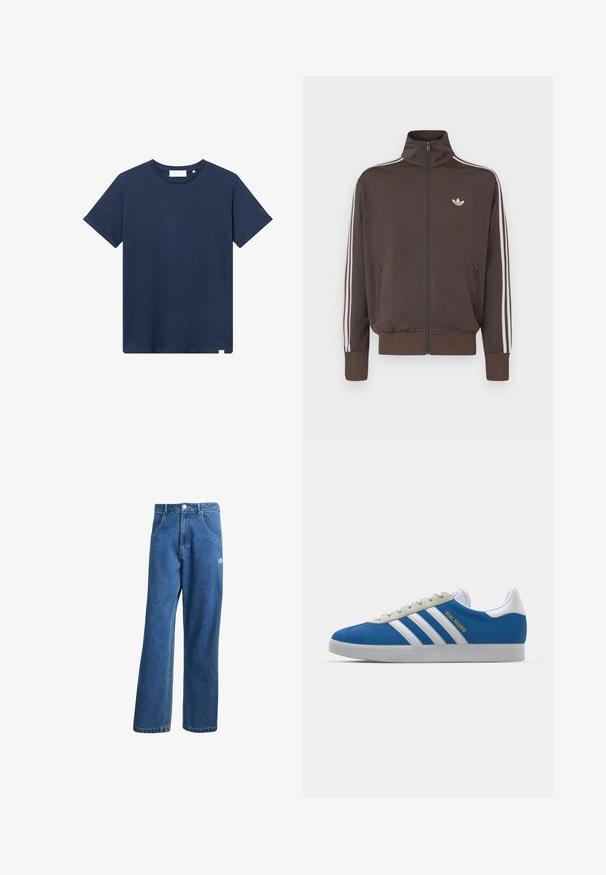 Casaco de treino castanho com fecho de correr, gola alta, riscas laterais brancas e logótipo no peito. Apresenta dois bolsos frontais com fecho de correr e punhos canelados.; T-shirt em algodão azul-marinho com decote redondo, mangas curtas e um pequeno logotipo bordado no lado esquerdo do peito. Textura suave.; Calças de ganga azul com cintura alta e perna larga, com bolsos frontais, passadores de cinto, fecho de botão e pequeno logótipo da Adidas na coxa direita.; adidas Originals ADIDAS GAZELLE SHOES - Botas de futebol de salão - real madrid/bluebird/footwear white/crew yellow