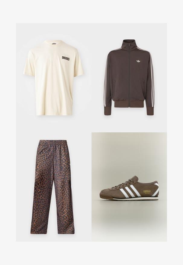 Rjava trenirka z zadrgo in visokim ovratnikom, belimi črtami na straneh in logotipom na prsih. Ponaša se z dvema žepoma z zadrgo spredaj in rebrastimi manšetami.; Svetlo bež bombažna majica s kratkimi rokavi in okroglim izrezom. Na levi strani prsnega dela je temno rjava logotipna beseda "DICKIES".; Hlače s leopardjim vzorcem in elastičnim pasom. Narejene iz sijočega materiala, z rjavo osnovo in črnimi pikami ter ohlapnim krojem.; Rjav semiš športni copat s tremi belimi črtami, ravnim gumijastim podplatom, okroglim sprednjim delom in zlatim logotipom "adidas Italia" na strani.