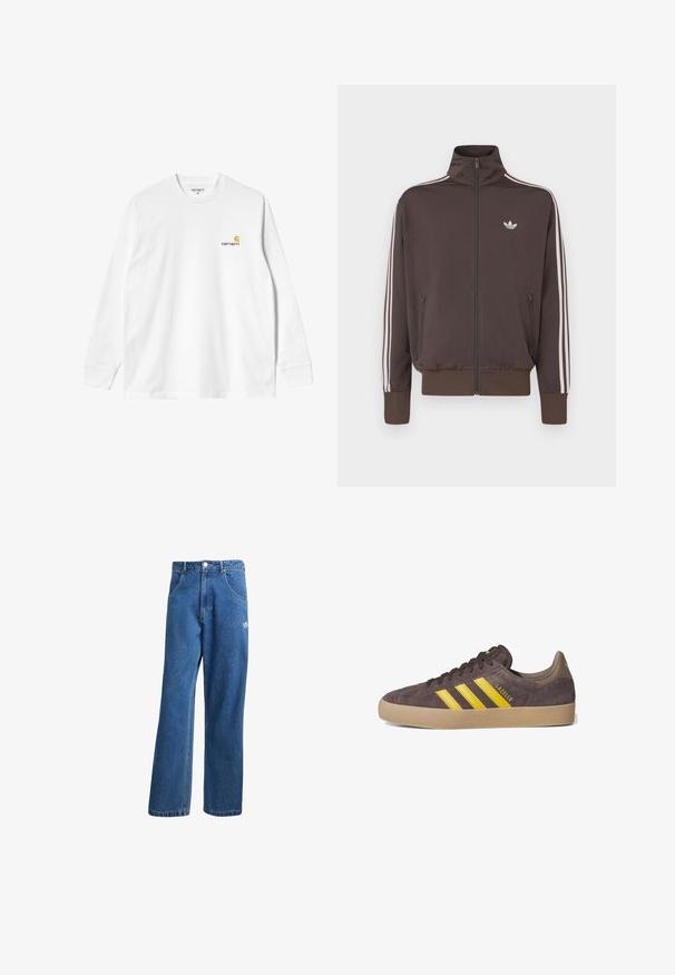 Brown zip-up track jacket with high collar, white side stripes, and logo on the chest. Features two zippered front pockets and ribbed cuffs.; Long-sleeve white cotton T-shirt with a crew neck, featuring a small yellow and burgundy logo on the left chest. Seamless cuffs and hem.; Blue high-waist wide-leg denim jeans with front pockets, belt loops, button closure, and small Adidas logo on the right thigh.; Gray suede sneaker with three yellow stripes, rubber gum sole, and textured detailing. Brand name "Gazelle" on the side. Simple lace-up design.