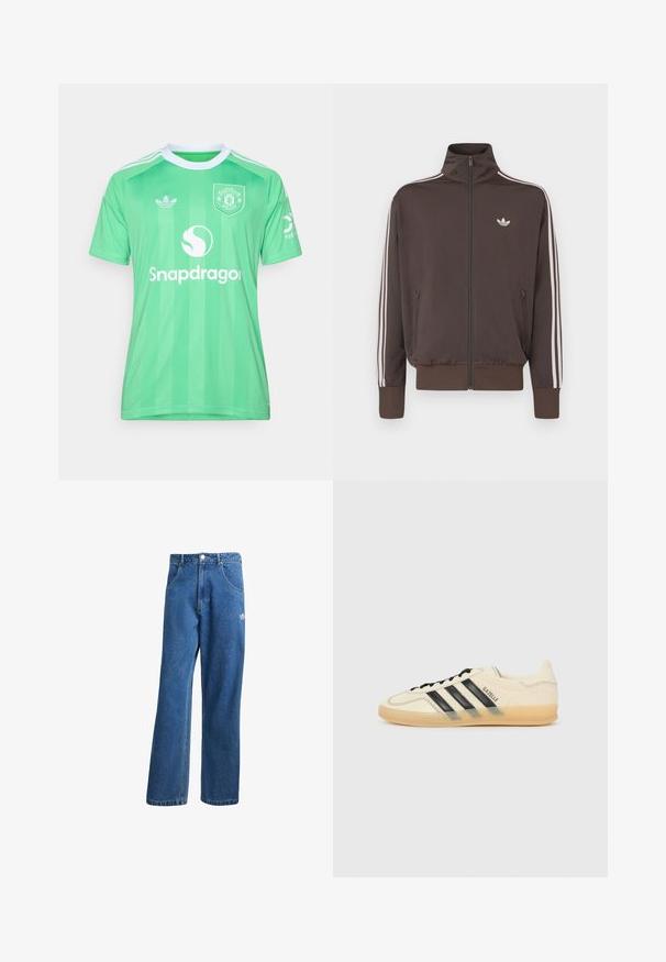 Pruun lukuga spordijakk kõrge kraega, valgete küljeribade ja rinnal oleva logoga. Lisafunktsioonidena kaks lukuga esitaskut ja soonikkoes mansetid.; adidas Performance MANCHESTER UNITED 25/26 THIRD GOALKEEPER JERSEY - Klubiriided - semi screaming green; Sinine kõrge vöökohaga avar jakkidega teksapükse, millel on ees taskud, vöökoharingid, nupuga sulgemine ja väike Adidas'i logo paremal reiel.; Kerge kreemjasneaker mustade kolme triibuga disainiga, tekstureeritud ülemine osa, ümar varvas ja kummitald. Omab paelu ja brändimist külgedel.