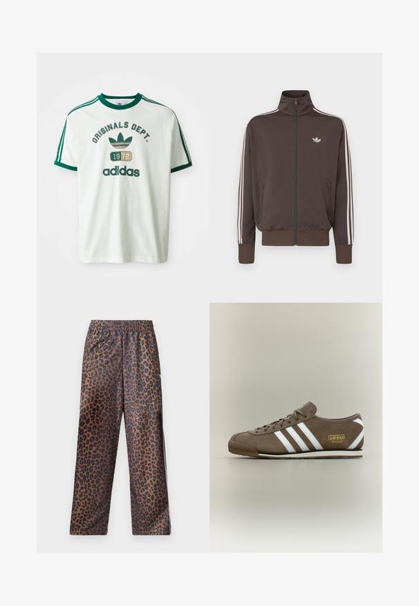 Casaco de treino castanho com fecho de correr, gola alta, riscas laterais brancas e logótipo no peito. Apresenta dois bolsos frontais com fecho de correr e punhos canelados.; T-shirt branca de manga curta com detalhes verdes, apresentando os gráficos "ORIGINALS DEPT." e "adidas", e um logótipo de estilo vintage de 1972.; Calças de padrão de leopardo com cintura elástica. Feitas de um tecido brilhante, com uma base castanha e manchas pretas, e um design de corte solto.; Sapatilha em camurça castanha com três riscas brancas, sola de borracha plana, biqueira redonda e logótipo dourado "adidas Italia" do lado.