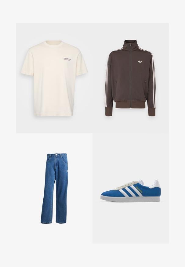 Ruskea vetoketjullinen verkkaritakki korkealla kauluksella, valkoisilla sivuraidoilla ja logolla rinnassa. Takissa on kaksi vetoketjullista etutaskua ja resorit hihansuissa.; Kermanvärinen puuvillapaita, jossa on pyöreä kaula-aukko, lyhyet hihat ja pieni sininen sekä punainen "ATELIER ORIGINALS" -printti rinnassa.; Siniset korkeavyötäröiset leveälahkeiset farkut, joissa on etupussit, vyölenkit, napitus ja pieni Adidas-logo oikeassa reidessä.; adidas Originals ADIDAS GAZELLE SHOES - Sisäjalkapallokengät - real madrid/bluebird/footwear white/crew yellow