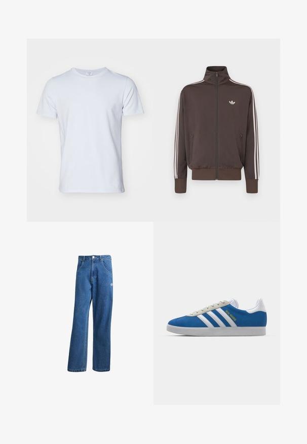 Brun hettejakke med glidelås, høy krage, hvite sidelister og logo på brystet. Har to glidelåslommer foran og ribbestrikkede mansjetter.; Filippa K TEE - T-shirts - ice blue; Blå høyhalsede vide denimjeans med frontlommer, belteholdere, knappelukking og liten Adidas-logo på høyre lår.; adidas Originals ADIDAS GAZELLE SHOES - Innendørsfotballsko - real madrid/bluebird/footwear white/crew yellow