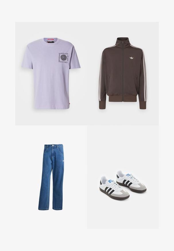 Jachetă sport maro cu fermoar, guler înalt, dungi albe laterale și logo pe piept. Dispune de două buzunare frontale cu fermoar și manșete tricotate.; Tricou din bumbac lavandă cu guler rotund, mâneci scurte și un grafic spiral negru pe partea stângă a pieptului. Eticheta este vizibilă la gât.; Jeans din denim cu talie înaltă, cu picioare largi, de culoare albastră, cu buzunare frontale, bucle pentru centură, închidere cu nasture și un mic logo Adidas pe coapsa dreaptă.; Încălțăminte sport cu un superior din piele albă, vârf din suede gri și trei dungi negre. Prezintă un logo albastru pe limbă și o talpă din cauciuc texturat.
