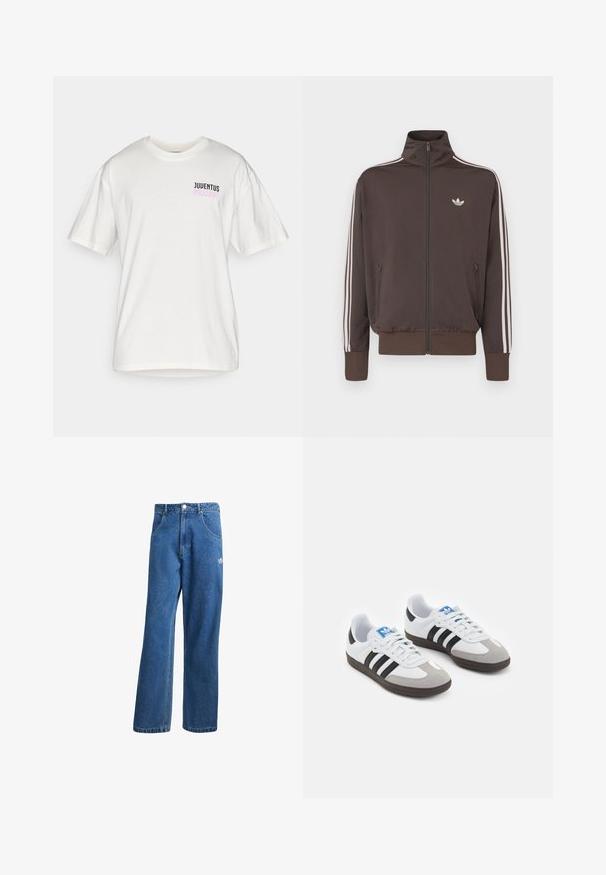 Casaco de treino castanho com fecho de correr, gola alta, riscas laterais brancas e logótipo no peito. Apresenta dois bolsos frontais com fecho de correr e punhos canelados.; T-shirt de algodão branca com mangas curtas, apresentando "JUVENTUS" em preto e "MILLE897" em rosa no lado esquerdo do peito. Gola redonda padrão.; Calças de ganga azul com cintura alta e perna larga, com bolsos frontais, passadores de cinto, fecho de botão e pequeno logótipo da Adidas na coxa direita.; Ténis desportivos com um cabedal em pele branca, biqueira em camurça cinza e três riscas pretas. Apresenta um logo azul na língua e uma sola de borracha texturizada.