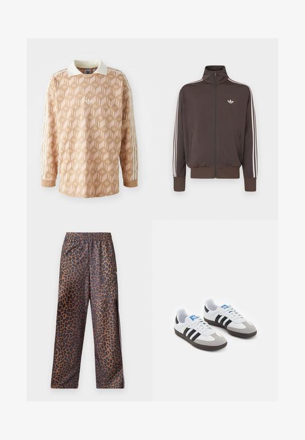 Brūns rāvējslēdzēja sporta žakete ar augstu apkakli, baltām sānu svītrām un logotipu krūtīs. Aprīkota ar divām rāvējslēdzēja kabatām priekšpusē un ribota apdare aprocēs.; Gara piedurkne krekls gaiši persiku krāsā ar ģeometrisku rakstu. Tam ir balta apkakle un trīs krēmkrāsas svītras katrā piedurknē.; Lāču raksta bikses ar elastīgu jostasvietu. Izgatavotas no spīdīga auduma, kurām ir brūna pamatne ar melniem plankumiem un brīvu piegriezumu.; Sporta apavi ar balto ādas virsu, pelēku zamšādas purngalu un trim melnām svītrām. Iezīmē zilu logotipu uz mēles un teksturētu gumijas zoli.