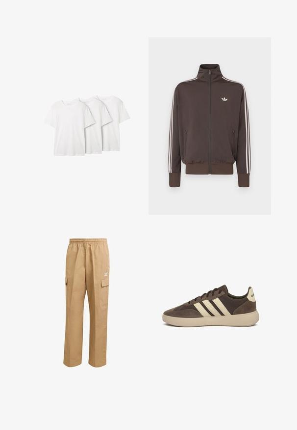 Chaqueta deportiva marrón con cremallera, cuello alto, rayas blancas en los laterales y logo en el pecho. Cuenta con dos bolsillos frontales con cremallera y puños acanalados.; Tres camisetas blancas de cuello redondo de algodón. Con mangas cortas y un ajuste relajado. Cada una tiene una etiqueta en el cuello. Sin patrones ni acentos.; Pantalones cargo de color marrón claro con una cintura elástica, dos bolsillos laterales tipo cargo y un pequeño logotipo blanco en el muslo superior izquierdo. Textura suave.; Zapatilla de gamuza marrón con tres rayas blancas, punta redondeada, suela gruesa de goma y marca mínima en el talón.