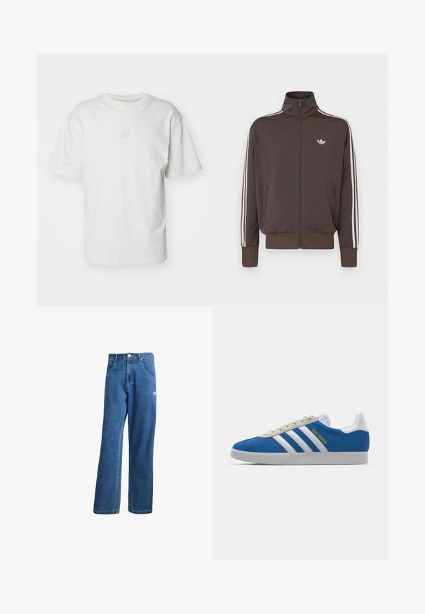 Ruda striukė su užtrauktuku ir aukštu apykakliu, baltomis šoninėmis juostelėmis ir logotipu krūtinėje. Turi dvi priekinės kišenes su užtrauktukais ir ribbino rankogalius.; Balta medvilninė marškinėliai trumpomis rankovėmis, su apvalia iškirpte ir subtiliu išsiuvinėtu logotipu krūtinėje, atitinkančiu baltą spalvą.; Mėlynos aukštu liemeniu plačios džinsinės kelnės su priekinėmis kišenėmis, diržo kilpos, sagčių uždarymu ir mažu Adidas logotipu dešinėje šlaunyje.; adidas Originals ADIDAS GAZELLE SHOES - Salės futbolo bateliai - real madrid/bluebird/footwear white/crew yellow
