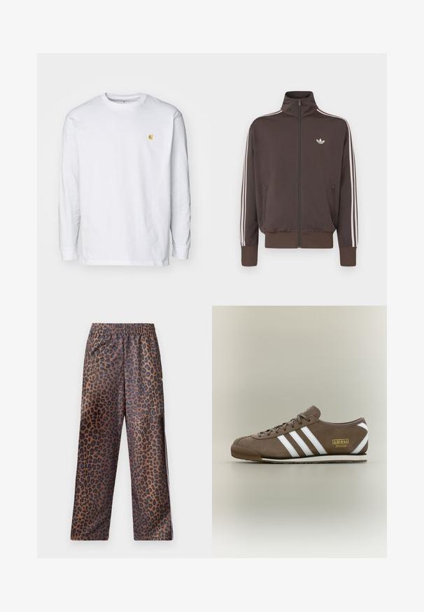 Chaqueta deportiva marrón con cremallera, cuello alto, rayas blancas en los laterales y logo en el pecho. Cuenta con dos bolsillos frontales con cremallera y puños acanalados.; Camiseta de manga larga blanca de algodón. Cuenta con un pequeño logo dorado en el pecho y un cuello redondo. Diseño simple y corte estándar.; Pantalones de estampado de leopardo con cintura elástica. Fabricados en una tela brillante, con una base marrón y manchas negras, y un diseño de corte holgado.; Zapatilla de ante marrón con tres rayas blancas, suela de goma plana, punta redonda y logotipo dorado "adidas Italia" en el lateral.