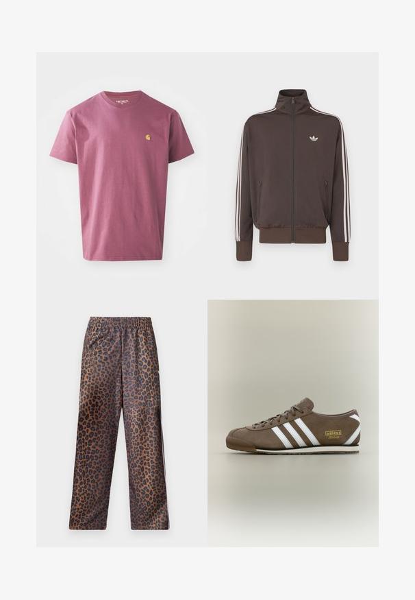 Brown zip-up track jacket with high collar, white side stripes, and logo on the chest. Features two zippered front pockets and ribbed cuffs.; Purple cotton t-shirt with a crew neck, short sleeves, and a small yellow logo on the left chest. Simple, solid color design.; Leopard print pants with an elastic waistband. Made from a shiny fabric, featuring a brown base with black spots and a loose fit design.; Brown suede sneaker with three white stripes, flat rubber sole, round toe, and gold "adidas Italia" logo on the side.