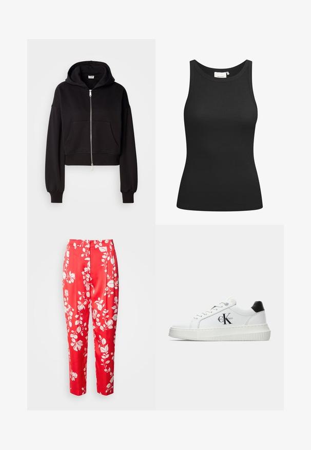 Zwarte cropped hoodie met een ritsaanluiting aan de voorkant, grote capuchon en kangoeroezak. Zacht materiaal met ribgebreide manchetten en onderrand.; Zwarte tanktop van ribstof, met een ronde hals en een aansluitende pasvorm. Platte naden en zonder versieringen. Eenvoudig en strak ontwerp.; Rode broek gemaakt van gladde stof met een wit bloemenpatroon. Ze hebben een getailleerde pasvorm met een hoge taille en een cropped lengte.; Witte lage sneaker met zwarte hiel tab, plateauzool, veters en Calvin Klein "CK" logo aan de zijkant.