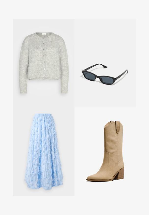 Svetlo siva skrajšana cardigan, izdelana iz mehkega materiala, z okroglim izrezom, dolgimi rokavi in gumbnim zapenjanjem s sijočimi gumbi.; PULL&BEAR Top - white; Svetlo modra midi krila iz večplastnega, teksturiranega blaga z resastimi detajli, z elastičnim pasom in tekočo silhueto.; Bershka HIGH-HEEL - Škornji v kavbojskem/motorističnem slogu - beige; Črne mačkaste sončne očala z temnimi lečami, plastičnim okvirjem, ozkimi stebli ter diskretnim logotipom na notranji strani ročaja. Mat zaključna tekstura.; Rjava usnjena torba z ovalnim ročajem, mehko teksturo in zgornjim zadrgo. Brez vidne kovinske opreme ali vzorcev.