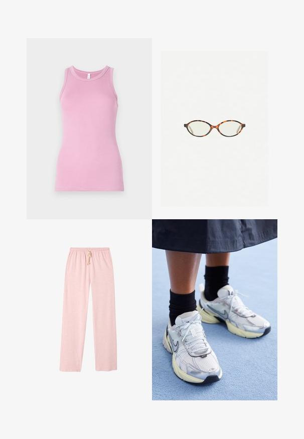 Svijetlosivi skraćeni kardigan napravljen od mekog materijala, s okruglim izrezom, dugim rukavima i zatvaranjem na gumbe s sjajnim gumbima.; Roza majica na tregere sa uskim krojem, sa okruglim izrezom i rebrastom teksturom. Nema uzoraka ili naglasaka.; Svijetlo ružičaste, pamučne hlače za opuštanje s labavim krojem, elastičnim pojasom i detaljem na vezanje. Glatka tekstura, dizajn punih dužina.; Bijele i srebrne Nike tenisice od mrežaste tkanine, s reflektirajućim detaljima i bež potplatom. Nosi se s crnim čarapama, stojeći na plavoj površini.; Naočale u boji kornjače s ovalnim staklima i elegantnim, glatkim završetkom. Imaju tanke strane s suptilnom krivuljom na sljepoočnicama. Prozirna stakla.