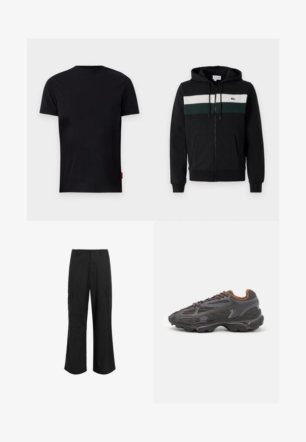 Juodas zip-up džemperis, pagamintas iš minkštos medžiagos. Yra balta ir tamsiai žalia horizontalios juostos paletė per krūtinę ir priekinė kišenė. Su kapišonu.; Juodasis medvilnės marškinėliai su trumpomis rankovėmis, apvali iškirptė ir mažas raudonas logotipas apatinėje kairėje pusėje. Lygi tekstūra.; Juodi cargo kelnės, pagamintos iš lengvos medžiagos, turinčios laisvą siluetą, dvi dideles šonines kišenes ir mygtuko užsegimą.; Lacoste sportbačiai tamsiai pilki, pagaminti iš tinklinės ir sintetinių medžiagų, su tekstūruotu padu ir rudomis detalėmis ant apykaklės bei prekės ženklo.