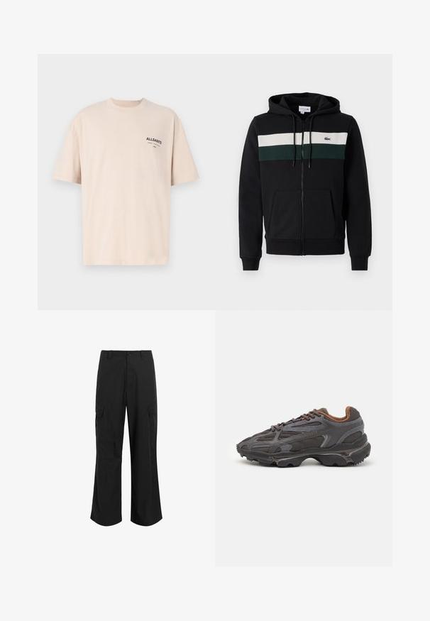 Juodas zip-up džemperis, pagamintas iš minkštos medžiagos. Yra balta ir tamsiai žalia horizontalios juostos paletė per krūtinę ir priekinė kišenė. Su kapišonu.; Smėlinis medvilninis marškinėliai su trumpomis rankovėmis, apvaliu iškirpimu ir mažos juodos "ALLSAINTS" logo kairėje krūtinės pusėje. Sklandus paviršius.; Juodi cargo kelnės, pagamintos iš lengvos medžiagos, turinčios laisvą siluetą, dvi dideles šonines kišenes ir mygtuko užsegimą.; Lacoste sportbačiai tamsiai pilki, pagaminti iš tinklinės ir sintetinių medžiagų, su tekstūruotu padu ir rudomis detalėmis ant apykaklės bei prekės ženklo.