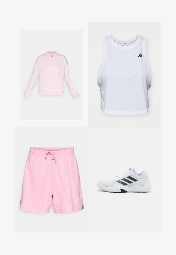Hanorac roz cu fermoar confecționat dintr-un material moale, având glugă cu șnur, două buzunare frontale și dungi albe pe mâneci. Logo pe piept.; Top scurt alb, realizat dintr-un material ușor, cu decolteu rotund. Dispune de un logo negru pe partea stângă și o textură netedă.; Pantaloni scurți roz deschis realizați dintr-un material moale, având o talie elastică cu șnur și un mic logo alb pe partea din față inferioară.; Adidași albi cu partea superioară din plasă, trei dungi negre pe lateral, accente texturate și o talpă din cauciuc solidă cu o secțiune contrastantă neagră.